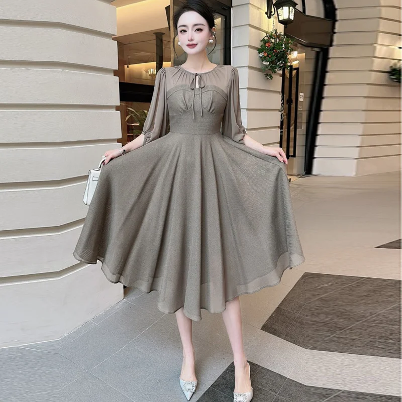 

Fashion Designer Spring Summer New Women's Dress O Neck Lantern Sleeve Hollow Out High Waist Elegant Midi Dresses