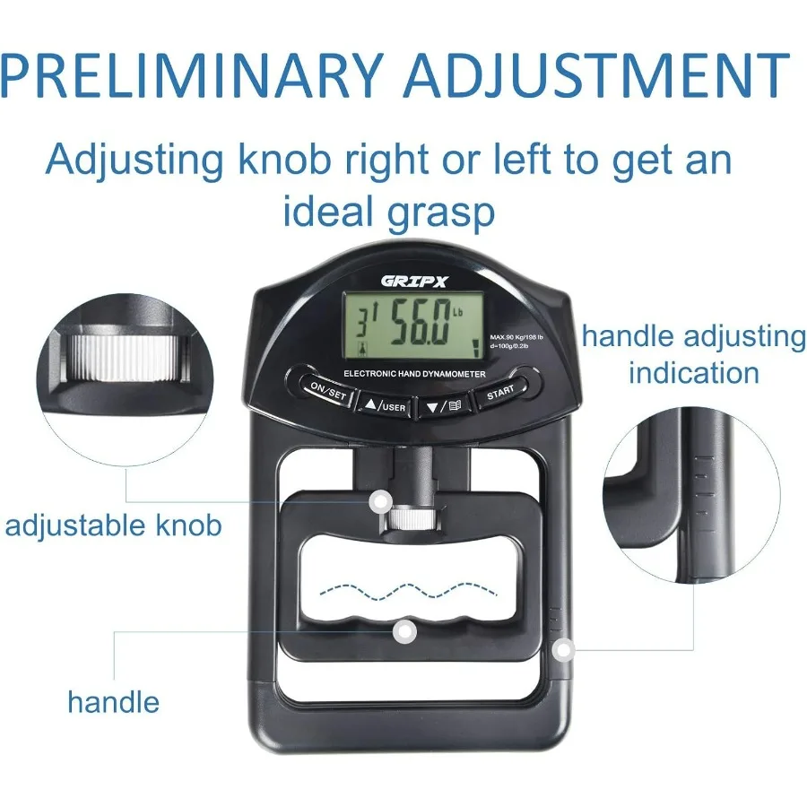 Digital Hand Dynamometer Grip Strength Measurement Meter Auto Capturing Electronic Hand Grip Power 198Lbs / 90Kgs