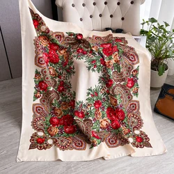 Elegant Women's Floral Silk Head Scarf - Ethnic Style Square Bandana Wrap (Beige)