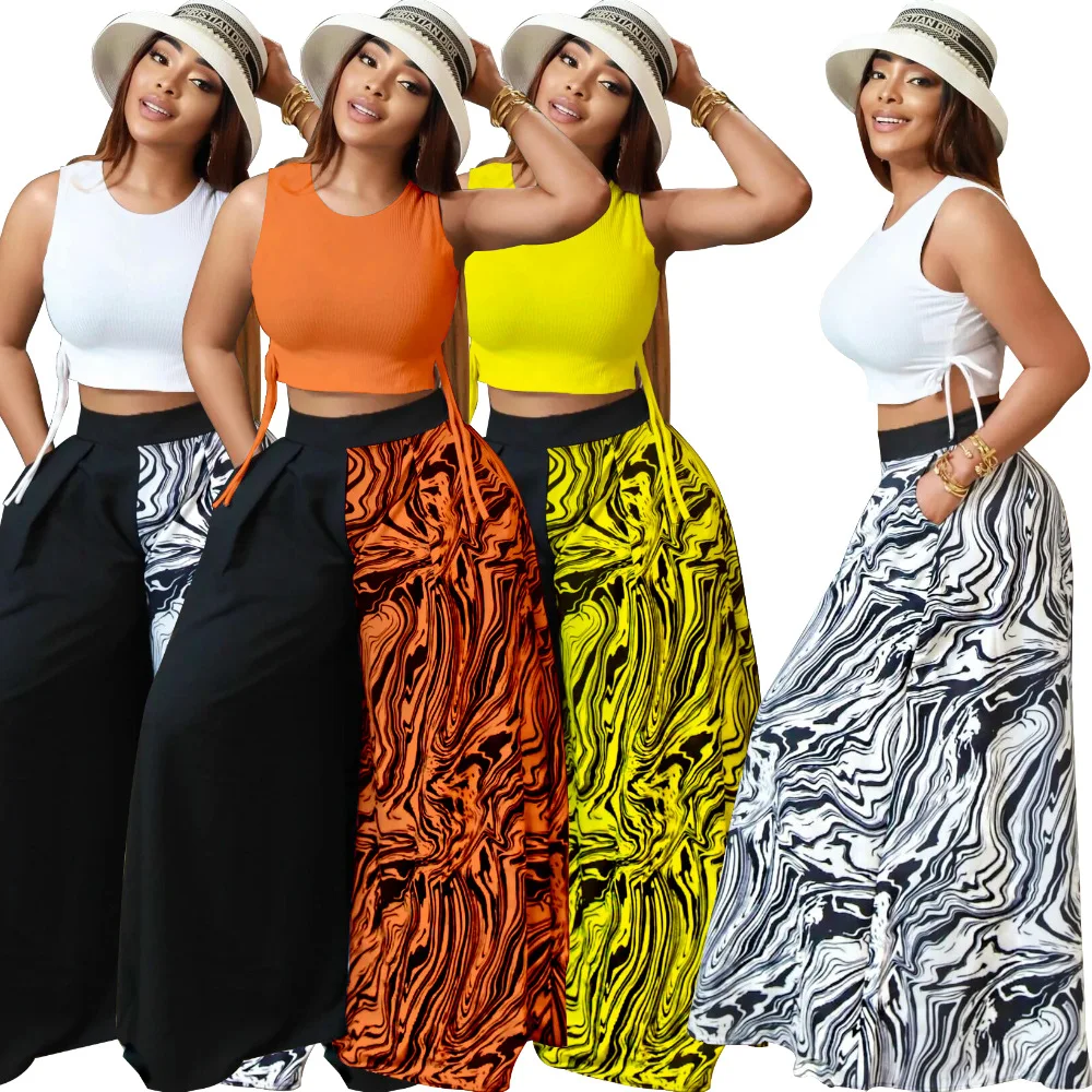 

Женский костюм из 2 предметов, летние широкие брюки с высокой талией, укороченный однотонный топ без рукавов с принтом в стиле пэчворк, бандажный жилет, повседневный комплект