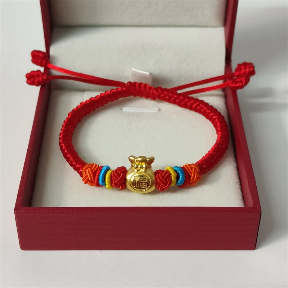 

Real 999 24K Yellow Gold 3D Bowknot Bead Red Cord Weave Bracelet Women Gift