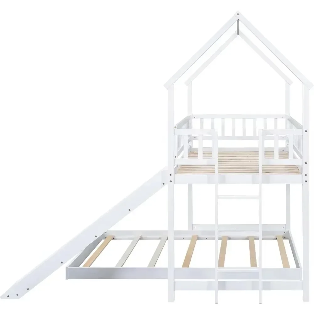 House Bunk Bed with Slide and Ladder and Twin Over Full Wooden Bed Frame with Full-Length Guardrail for Bedroom Boys Girls 6
