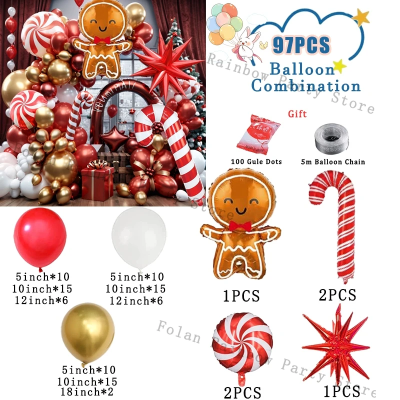 Juego de 97 globos navideños con forma de bastón de caramelo, de aluminio, de color rojo, dorado y blanco, para Navidad y Año Nuevo
