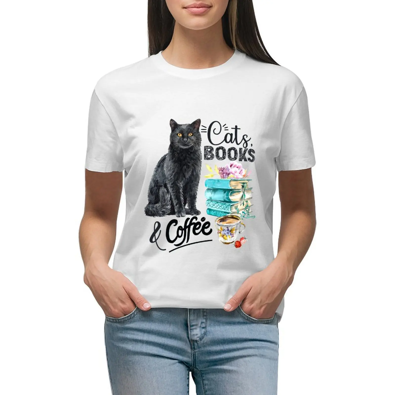 

Cats, Books and Coffee Cute Watercolor T-shirt lady clothes oversized animal print shirt for girls t-shirt dress for Women long