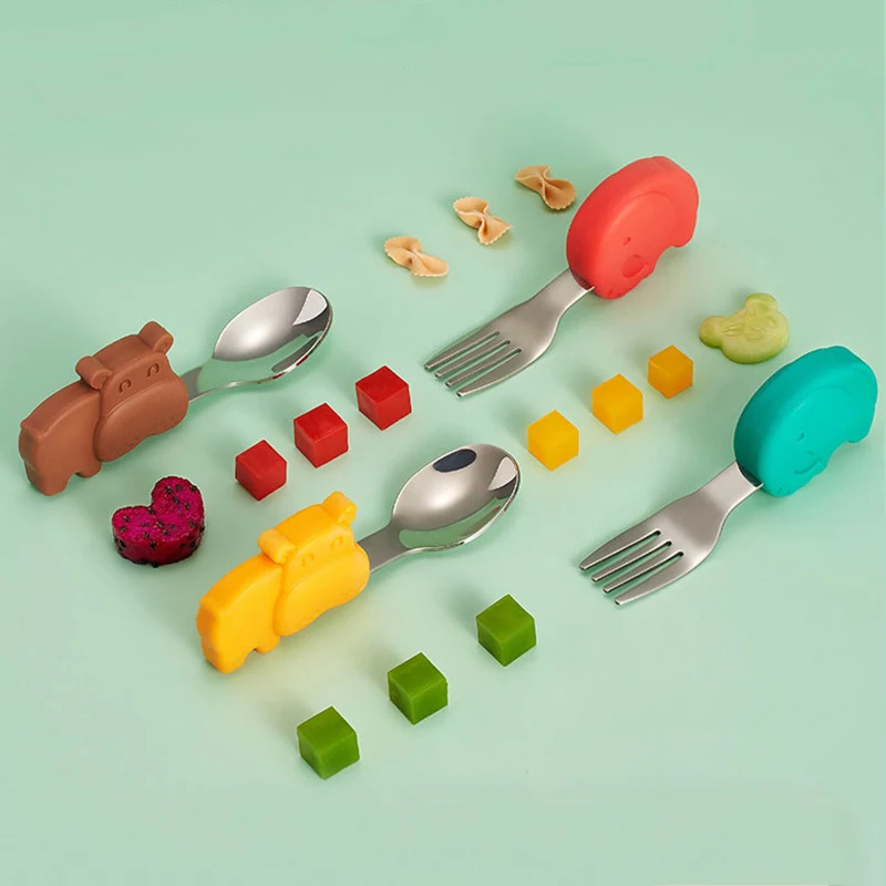 

2pcs Silicone Spoon Fork for Baby Utensils Set Cute Animal Shape Auxiliary Food Toddler Learn To Eat Training Infant Tableware