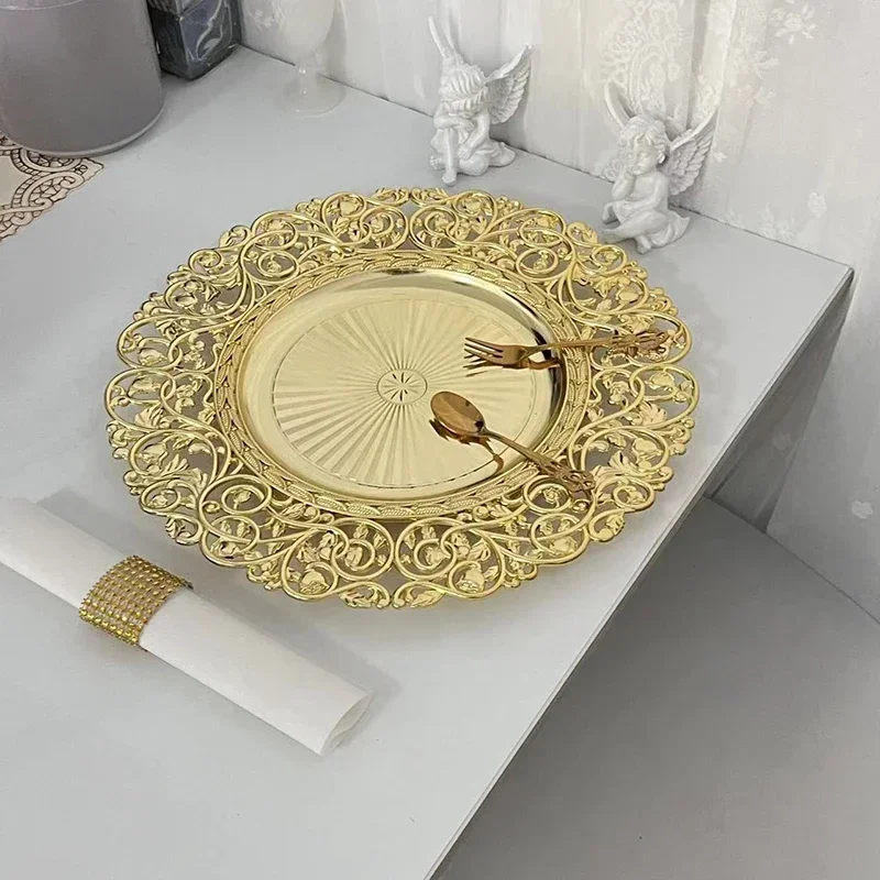 13inch Luxury Hollow Flower Tray Plastic Home Dining Plate Wedding Dessert Cake Tray Western Steak Kitchen Dish Charger 100pcs 4