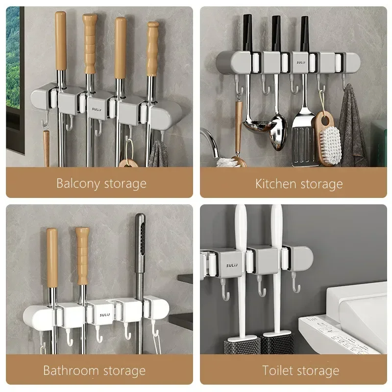 

Wall Home Hanging Holder Storage Shelf Hanger Suction Bathroom Hooks Pipe Broom Kitchen Mounted Mop Multi-functional Traceless