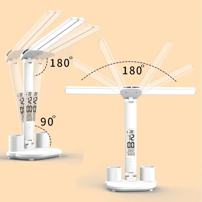 LED Desk Lamp USB Dimmable Touch Foldable Table Lamp with Calendar Temperature Clock Night Light for Study Reading Lamp 4