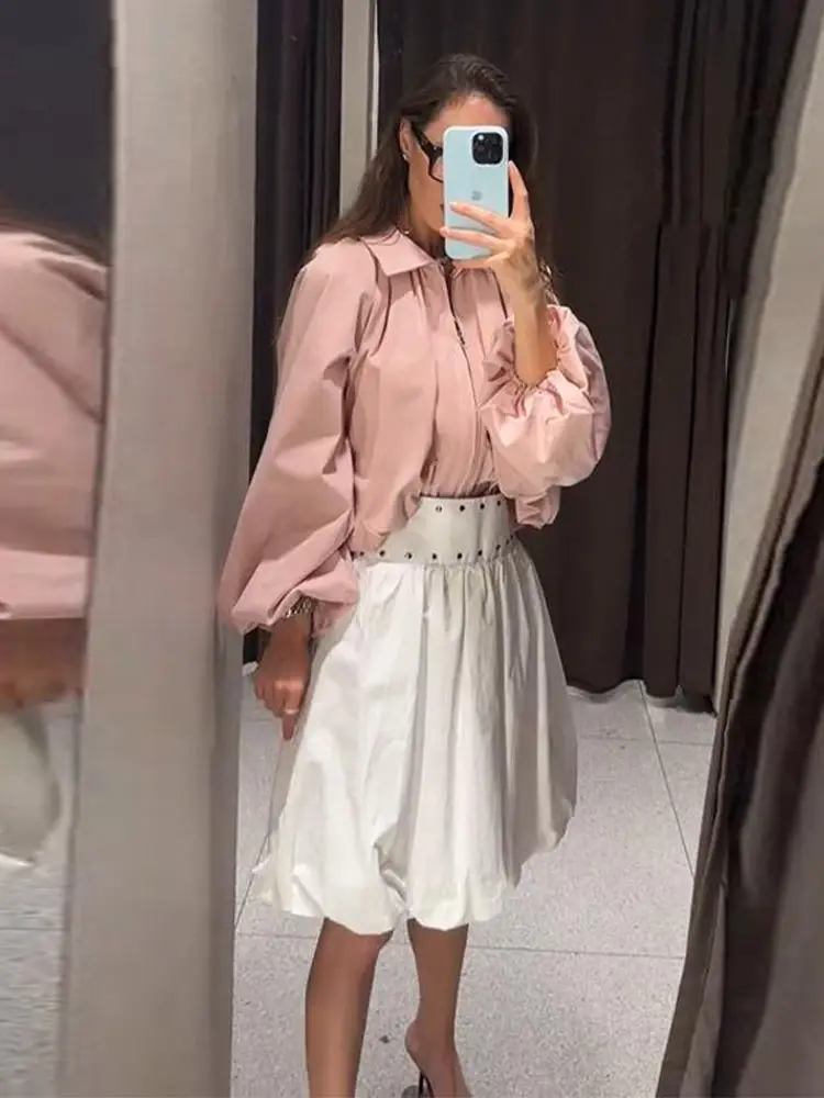 Ballonärmel Cropped Bomberjacken für Damen, Street-Style mit Revers, Lange Laternenärmel, Einfarbige Schlanke Mäntel, Frühling Schicke Damen-Oberbekleidung – Detail 16