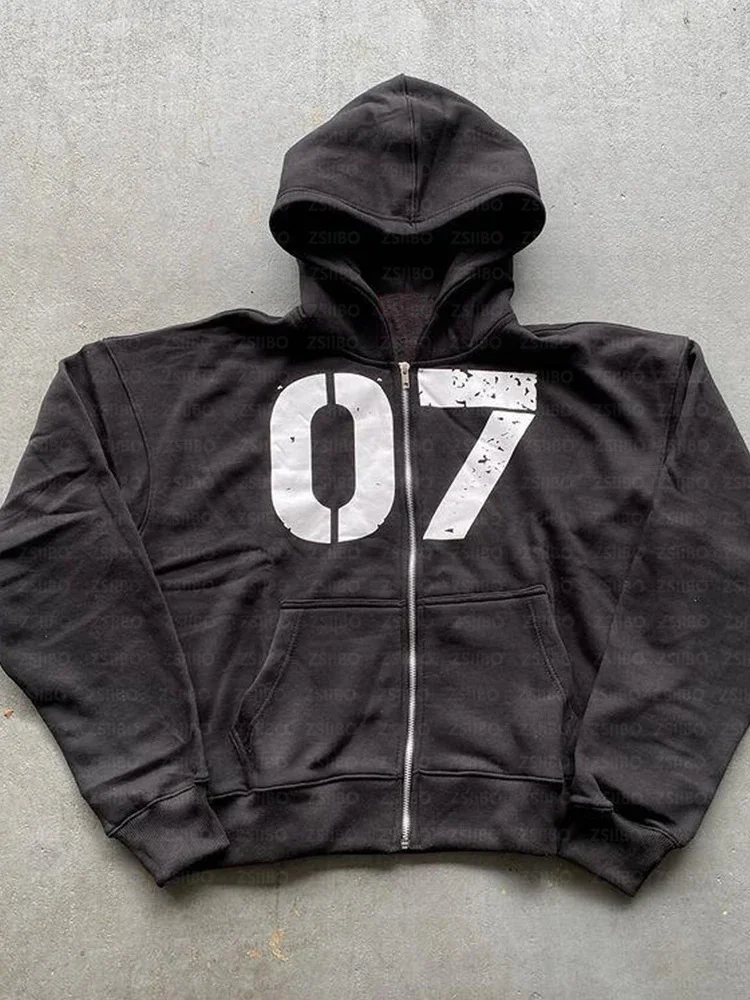 Numeral 7 Printed Zippered Hoodie Y2K Clothing Men's Street