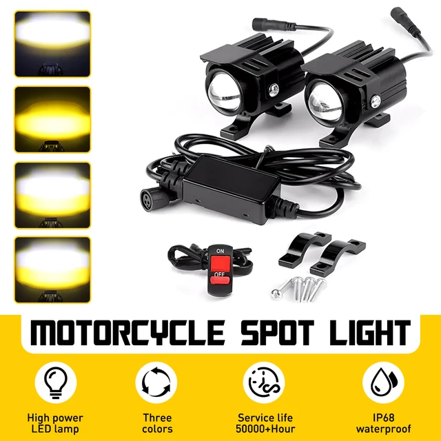 2Pcs Motorcycle Spotlights LED Yellow White Four Mode Strobe 12V Motorcycle Lamp Universal Moto Headlight Spotlights Accessories