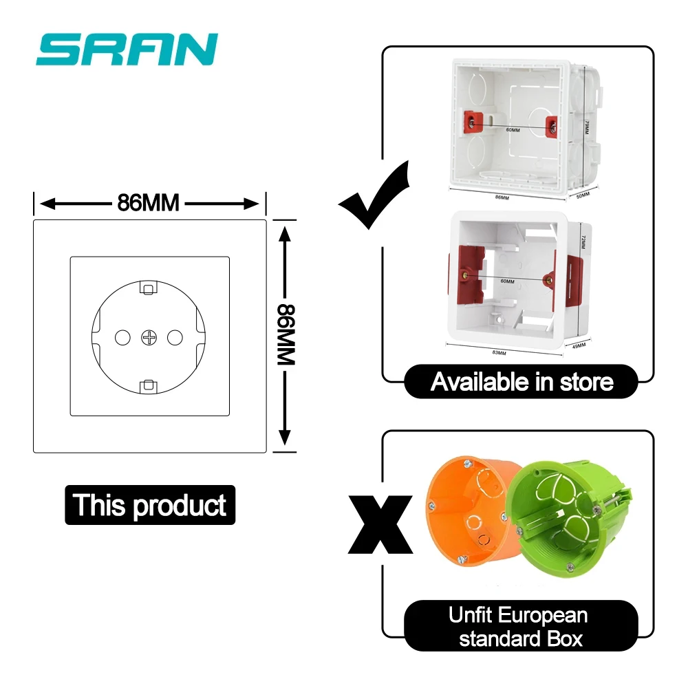 SRAN A1 시리즈 검정색 PC 패널 벽 스위치 EU 프랑스어 전원 소켓 USB 초인종 TV RJ45 모듈 DIY, 86 평방 상자에 적합