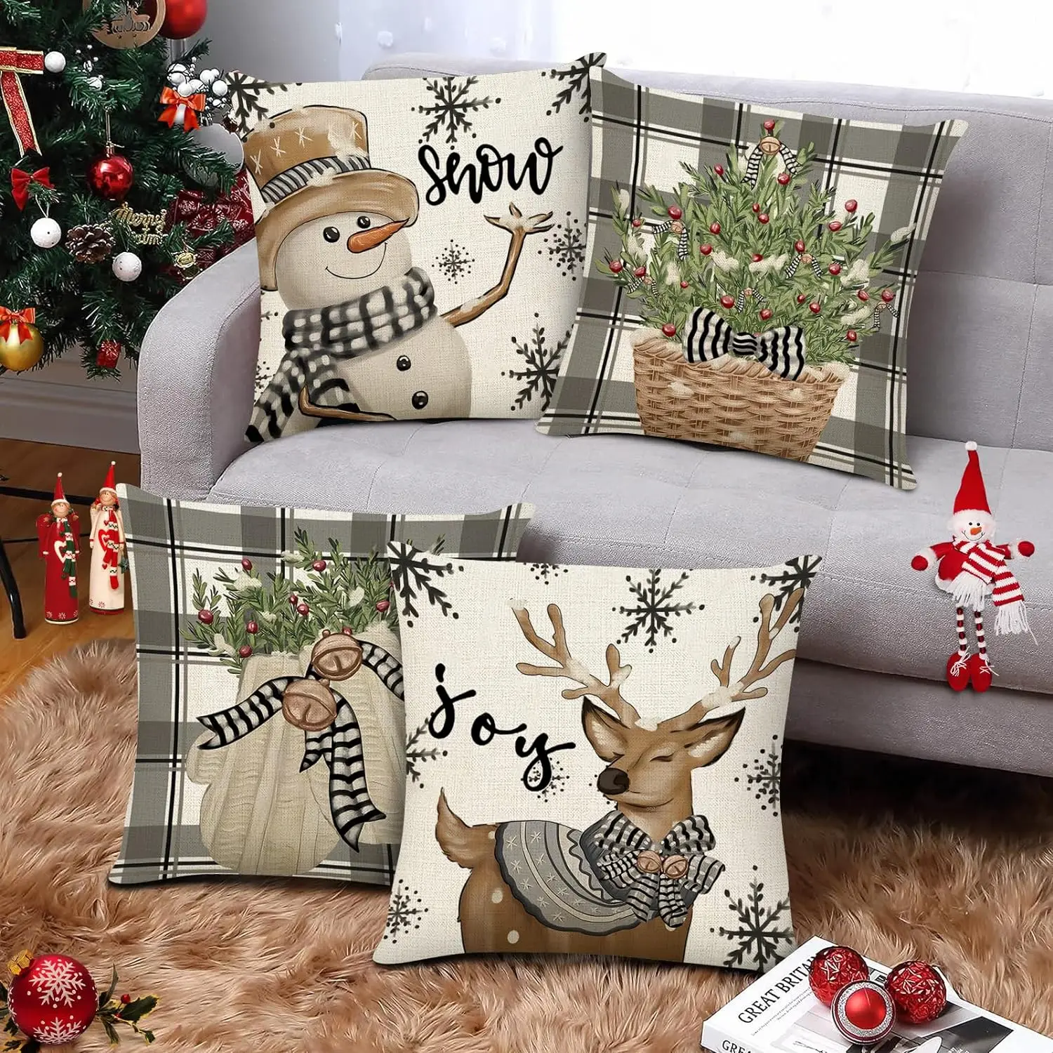 

Snowman Elk Christmas Pillow Covers 18x18 Inch,Set of 4 Decorations Pillows Decorative Xmas Snowflake Throw Pillow Cases