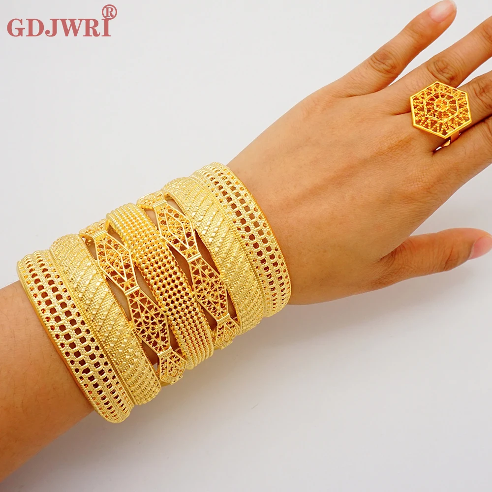 

France Luxury Dubai Gold Color Bangles With Ring For Women Bridal Arabic Charm Cuff Bracelet Nigerian Wedding African Jewellery