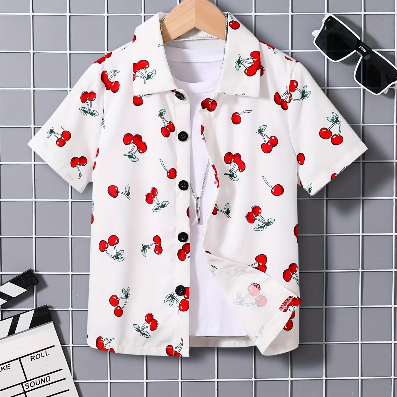 Fruit Cherry And Banana Print Boys Girls Creative Shirt Casual Short Sleeve Lapel Summer Outdoor Tops