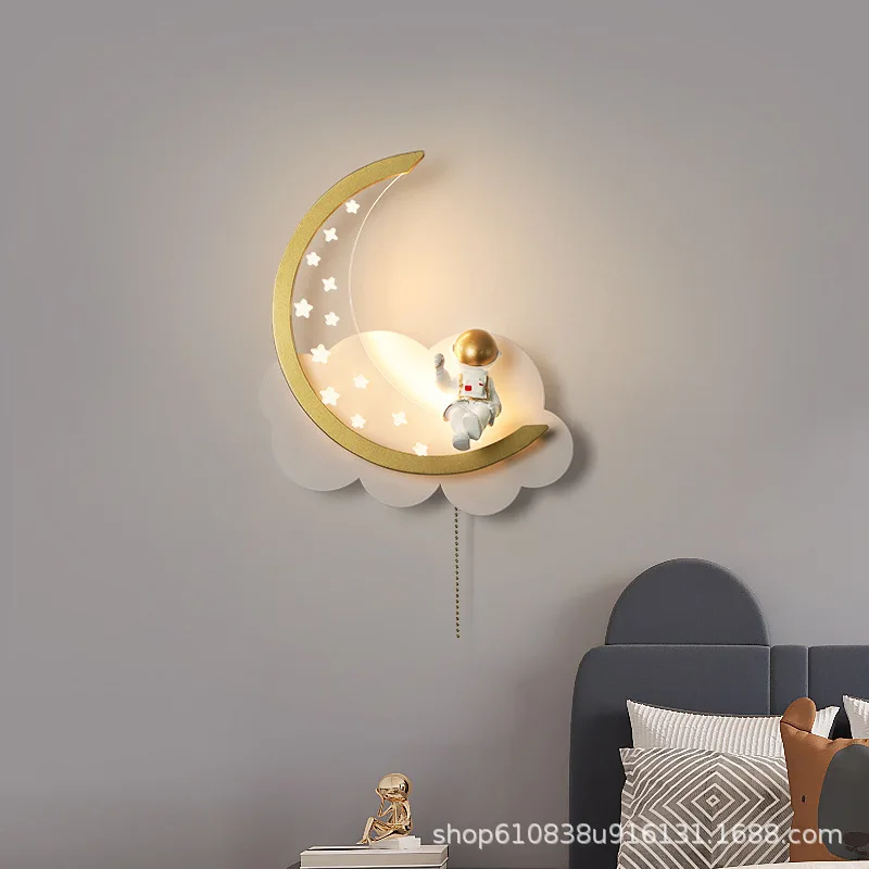 

Modern Creative Moon Wall Lamp Bedroom Decoration Acrylic Lampshade Sconce Night Lights LED Astronaut Lustre With Chain Switches