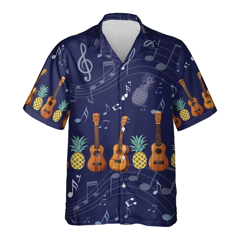 thumbnail image 1 of Camisa hawaiana con estampado 3D de ukelele para hombre, camisas hawaianas con patrón de instrumento musical, blusas holgadas de verano, blusas con solapa de calle, 1 of 5