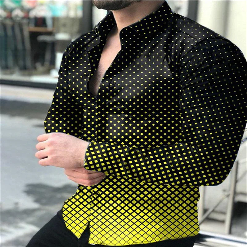 Spring Men’s Shirt Fashion Vintage Street Texture 3D Print Print Long Sleeve Shirt Men’s Flap-Collar Shirt Top