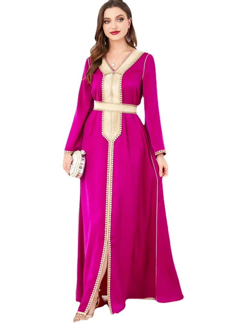 

Ramadan Abaya Arabic Long Dress for Women Lace Trim Belted Gulf Jalabiya Evening Gowns Muslim Eid Moroccan Kaftan Islam Clothing