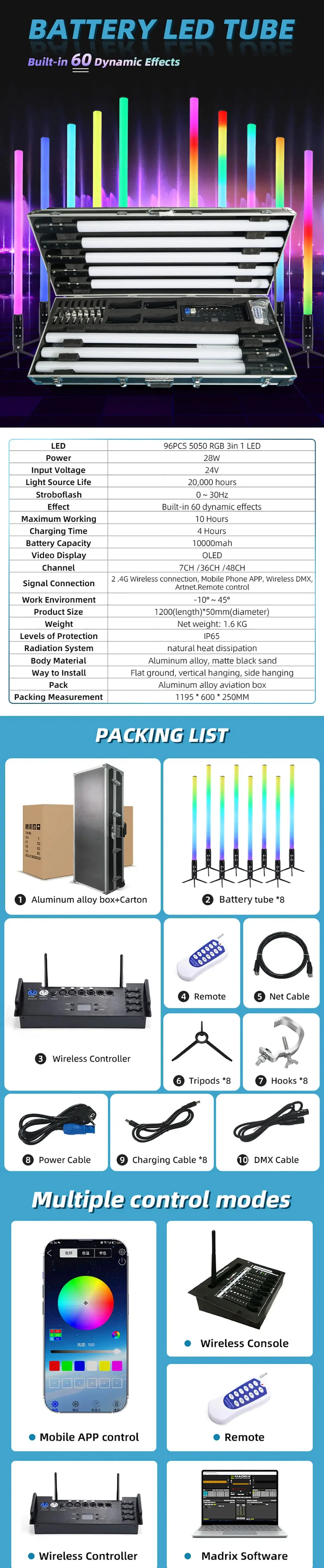 Waterproof IP65 360 Tubes PIXEL Uplights Battery Wireless LED Uplight DMX Wifi C