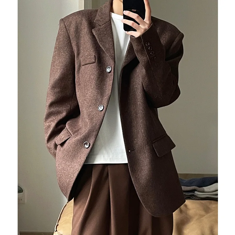 

Fall Winter Korean Retro Style Tweed Lapel Suit Blazer Women Modern Wide Shoulder Loose Thick Work Wear Coats