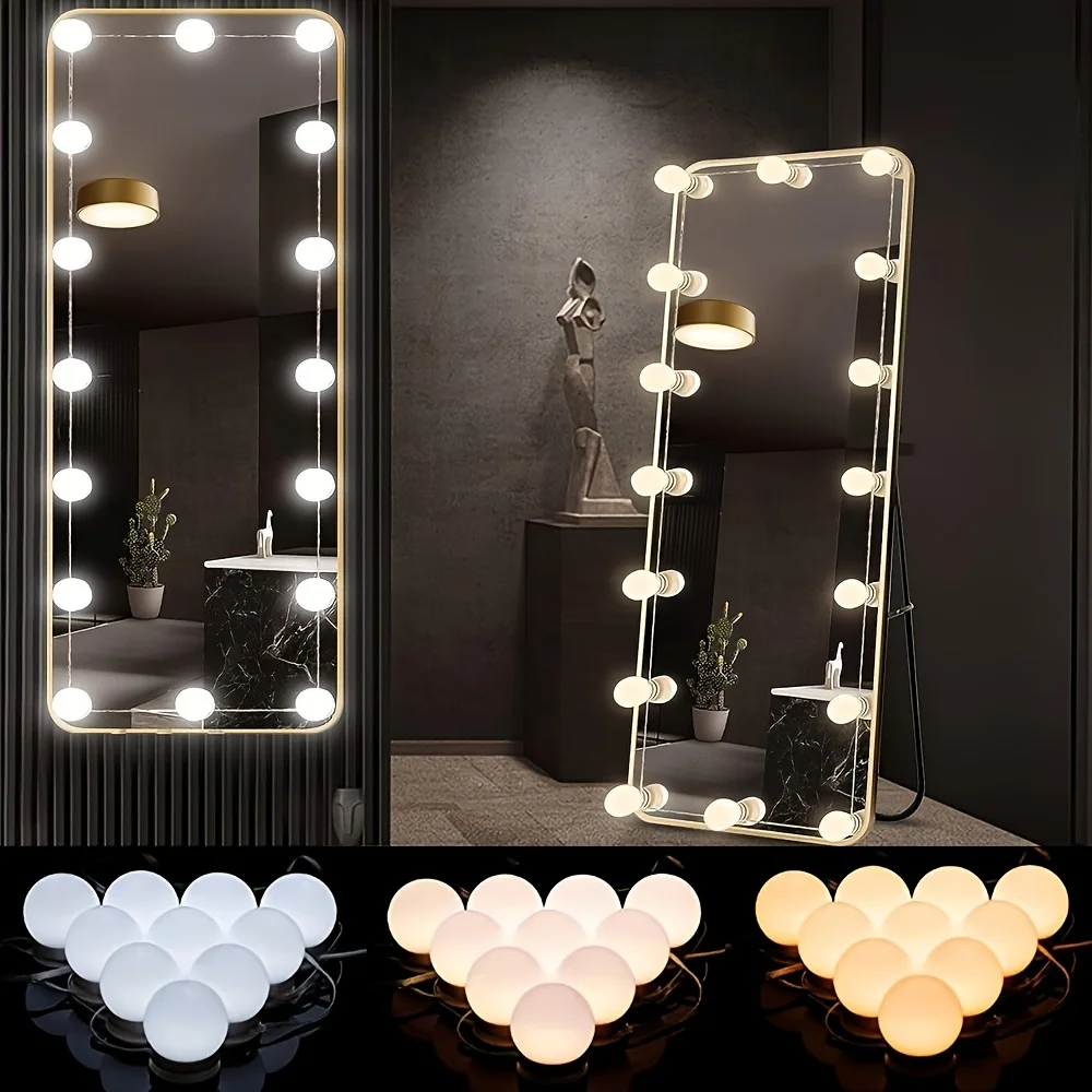 10/12LED أضواء مرآة   ، طقم مصابيح ماكياج عكس الضوء USB   ، إضاءة  بيضاء دافئة لغرفة النوم