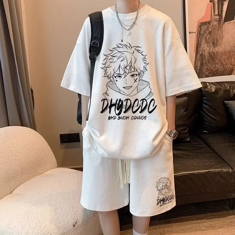 

Waffle Leisure Sports Suit Boys' Summer 2024 Loose Two-piece Set of Hong Kong Style Short-sleeved Shorts Mens Clothes Sweatpants
