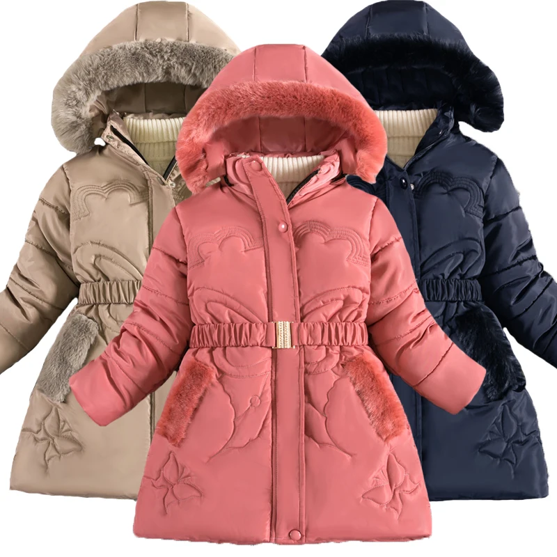 

3-12 Years Winter Keep Warm Girls Jacket Butterfly Pattern Fashion Detachable Hat Lining With Plush Collar Heavy Coat For Kids