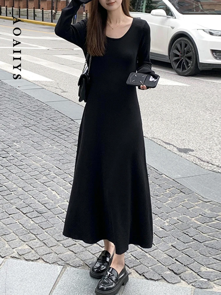 

Aoaiiys Black Dress for Women Dresses 2023 Autumn Chic Slim Basic Knitted O-Neck Solid High Waisted Dress Ankle-Length Clothing