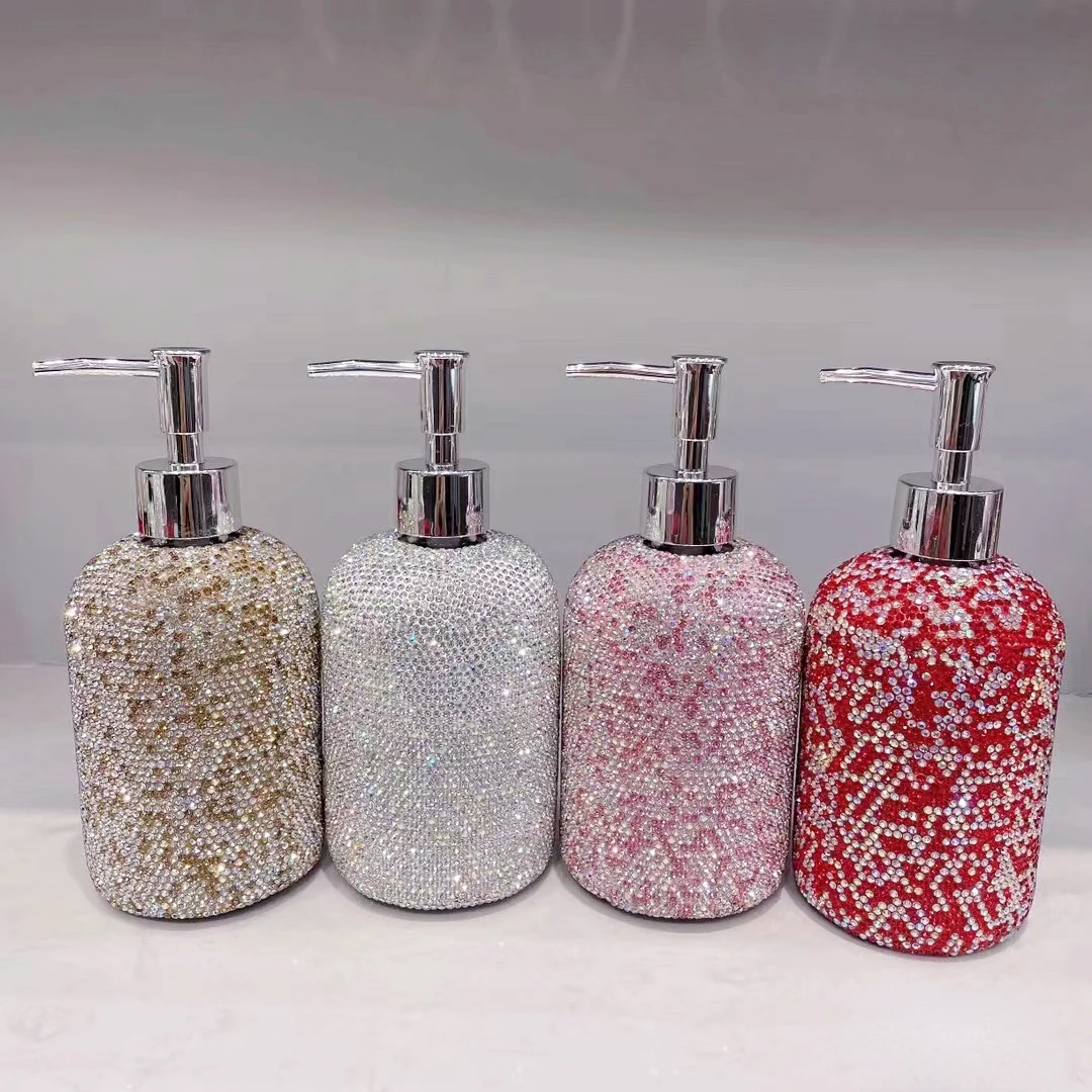 Bling Diamond Hand Sanitizer Bottle 500ml Glass Bathroom Soap Shampoo Shower Gel Dispenser Liquid Lotion Refill Press Head Pink 2