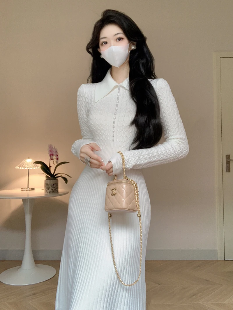 Elegant-White-Knitted-Dresses-for-Women-2023-Autumn-Winter-Korean ...