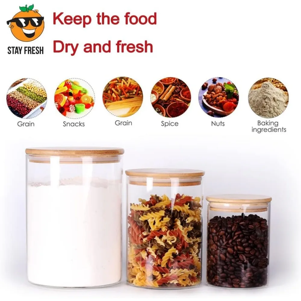 Glass flour Jars with Airtight Lids, 6 Pack Sugar and Flour Salt Containers Set, Extra Large Glass Rice Jar with Bamboo lid for