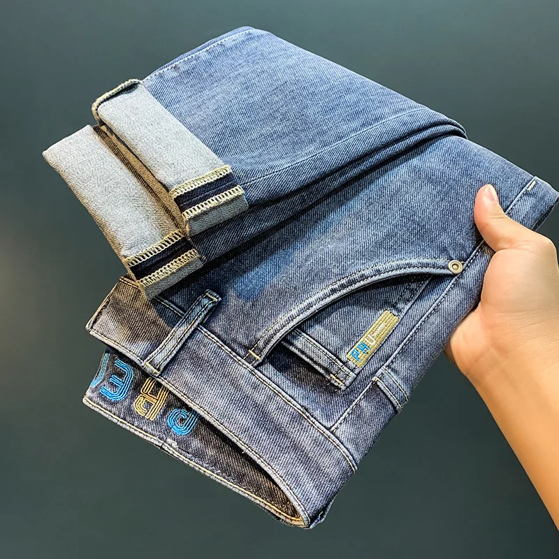 2024 new MEN'S jeans trendy straight tube fashion light luxury high end embroidered slim fit leisure washed cotton denim pants