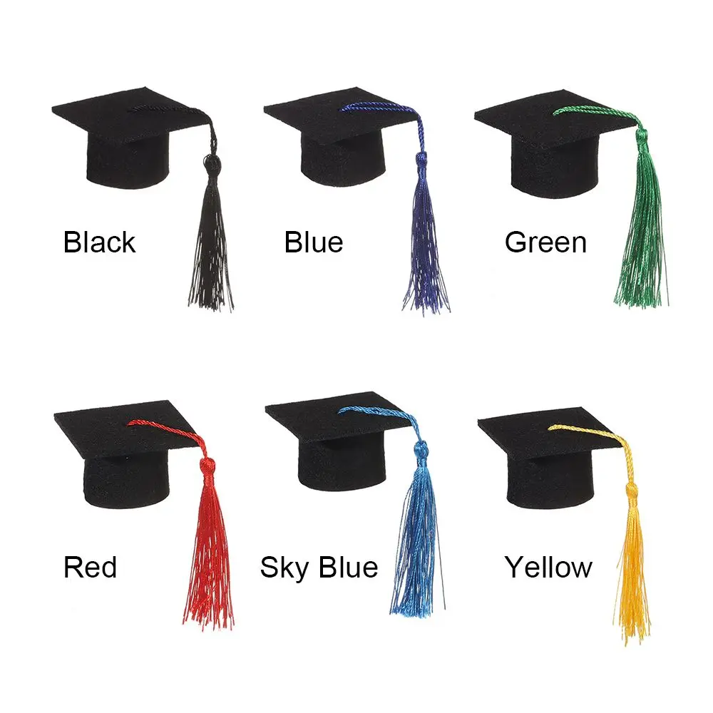 6Pcs Fashion Mini Graduation Hat Doctoral Cap Costume Top Hat With Tassels DIY Doll Decor Flowers Wine Bottle Dolls Decoration