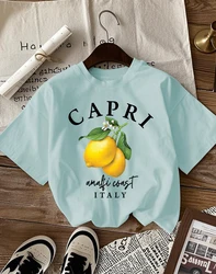 Italian Lemon Print Women's Cotton T - Shirt - O - Neck Short Sleeve Trendy Loose Streetwear Summer Top - XXXL (Water Green)