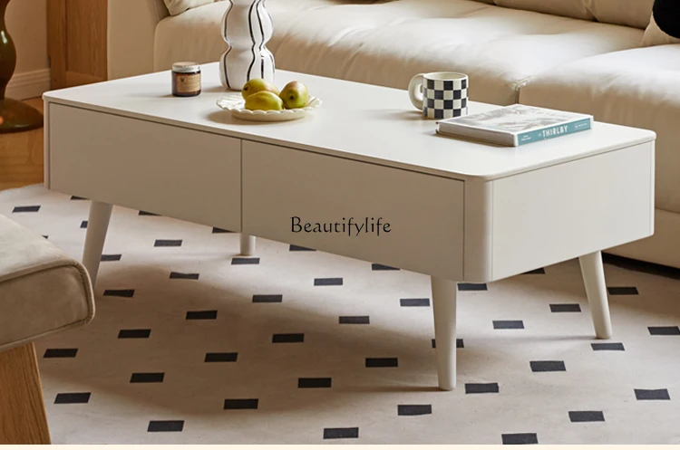 

Solid Wood Living Room Small Apartment Tea Table Household White Cream Style Stone Plate Tea Table