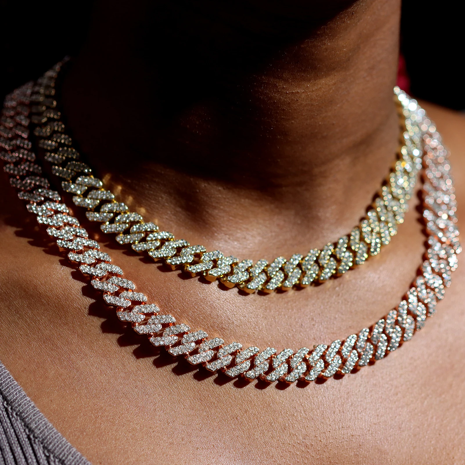 12MM Rose Gold Color Miami Cuban Link Chain Necklace Iced