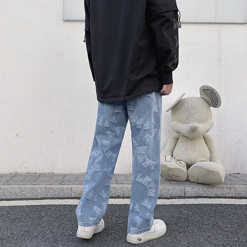 Jacquard Jeans Blue Mens Loose Straight Leg Long Pants Streetwear Baggy Denim Clothing Graphic Y2k Men&rsquo;s Jean