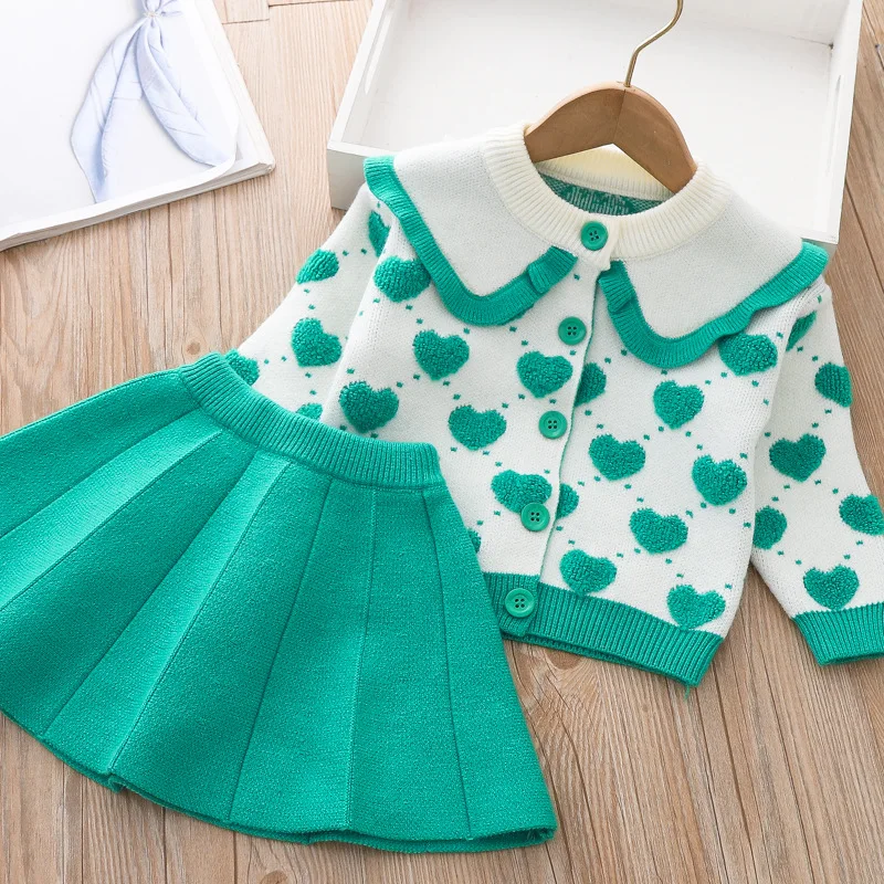 

Spring 1st baby's birthday girl's clothes sweater sets for girls baby cloth sets love spiral knitted cardigan frill skirt sets