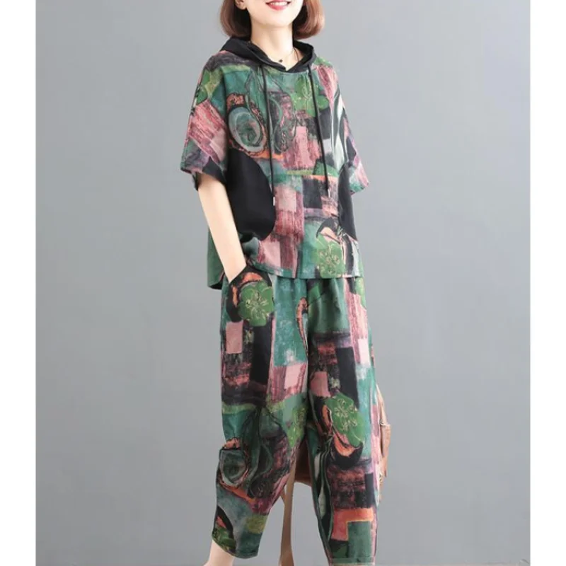 Summer New Women's Pullovers Printed Hoodies Drawstring Fashion Loose Short Sleeve Two Piece Casual Cotton and Linen Set