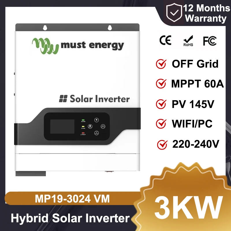 MUST Energy 3KW 24V MPPT 60A Home Hybrid Solar Inverter PV 145V Off Grid Li Lifepo4 Solar System Pure Sine Wave WIFI PC Monitor solar inverter,sine wave inverter,power inverter