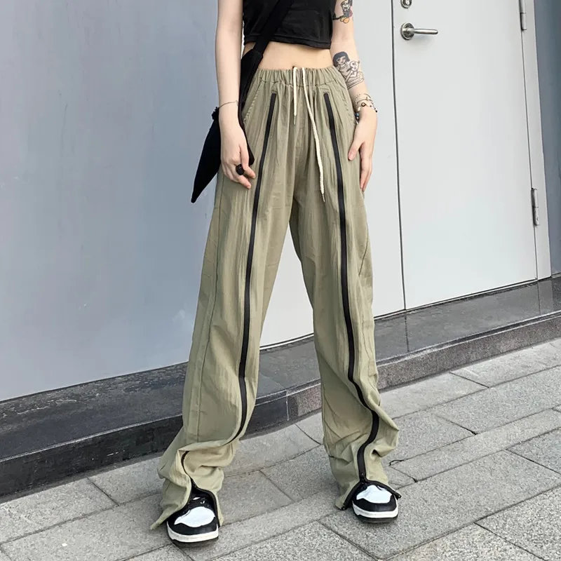 

Lady Army Green Draw String Casual Sport Pant Women Long Zipper Design Wide Leg Pants 2023 Autumn Harajuku Street Empire Trouser
