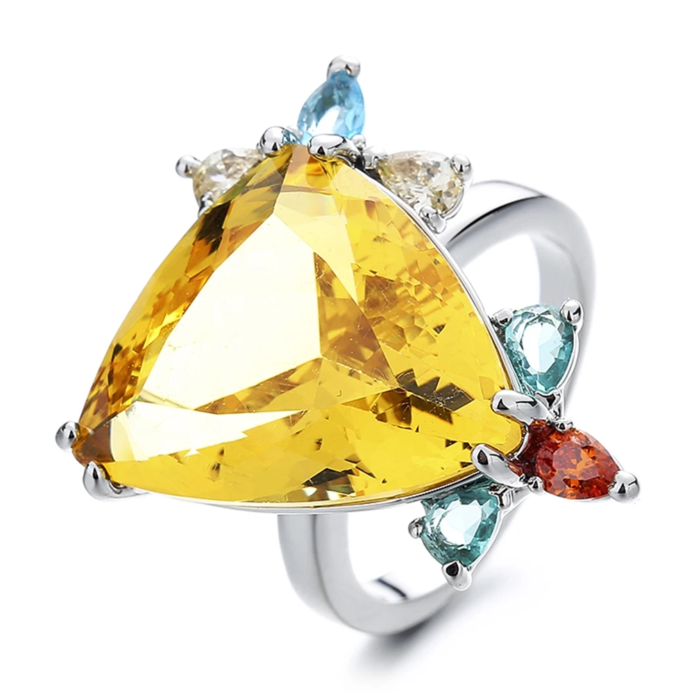 Trendy Ring Pave Big Triangle Yellow Cubic zircon Thick Silver Plating Brass Metal Pretty Fashion Jewelry For Women