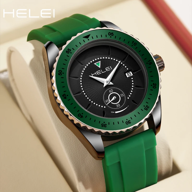 HELEI classic fashion trend men's sports watch silicone waterproof fashion calendar display quartz wristwatch gift for men