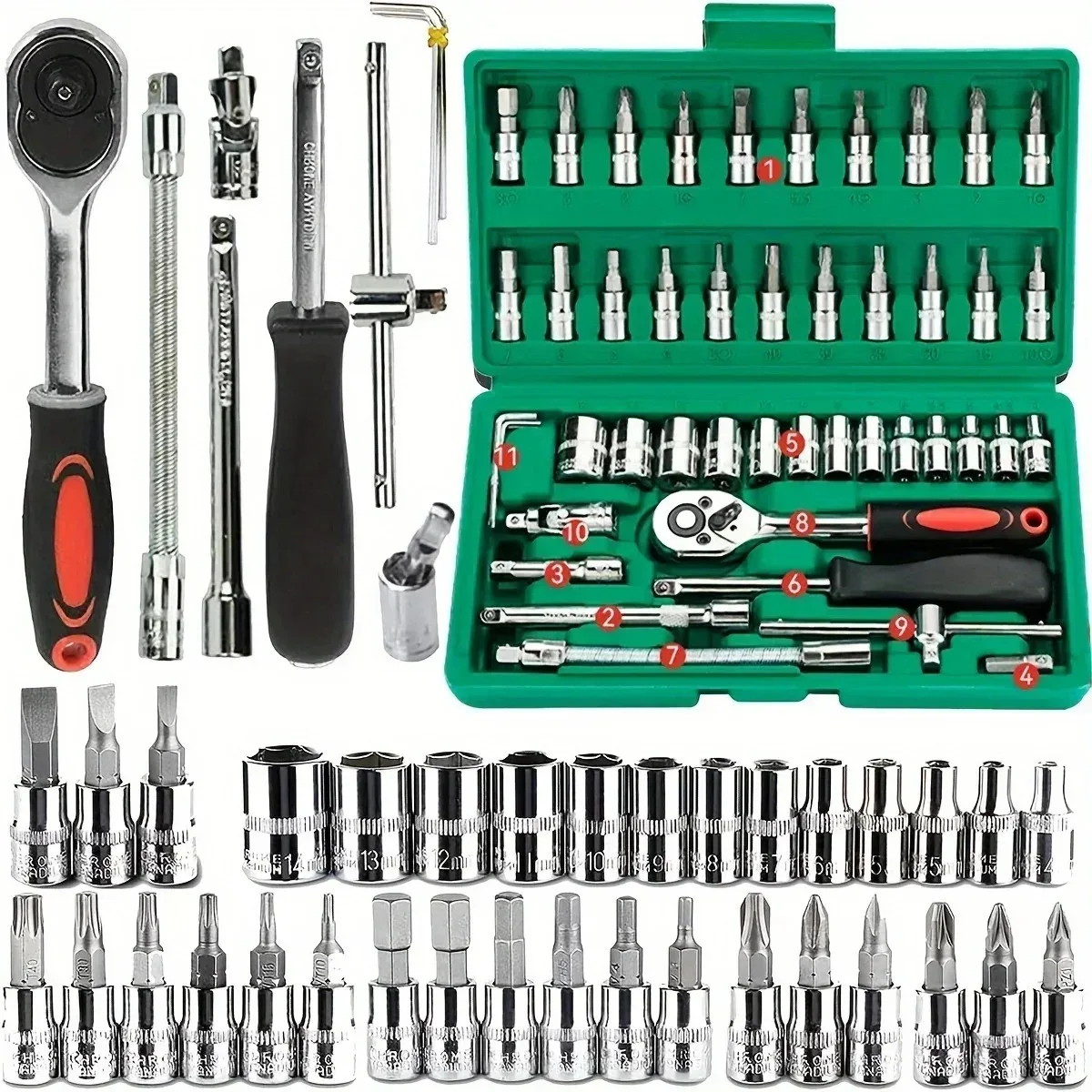 46/53pcs Drive Socket Set 1/4 inch Ratchet Wrench Set with Sockets Metric Hex Bit Socket Set Mechanic Tool Kits for Auto Repair 1