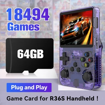 Scheda di Gioco da 64GB per Console Portatile R36S con 18494 Giochi per PS1/PSP/SS/DC/N64/NES/SNES/NDS e Oltre 20 Emulatori