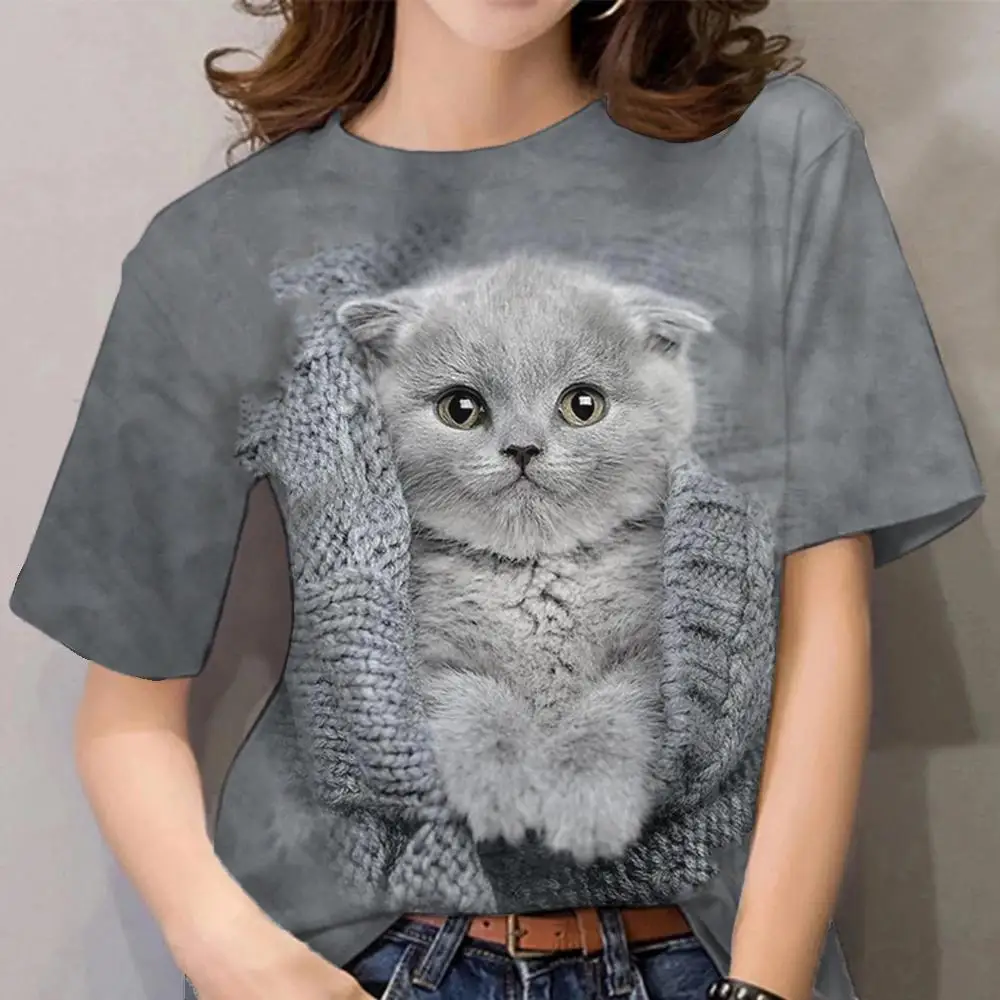 T-shirts femininas para meninas 3d impressão gato gráfico t camisa