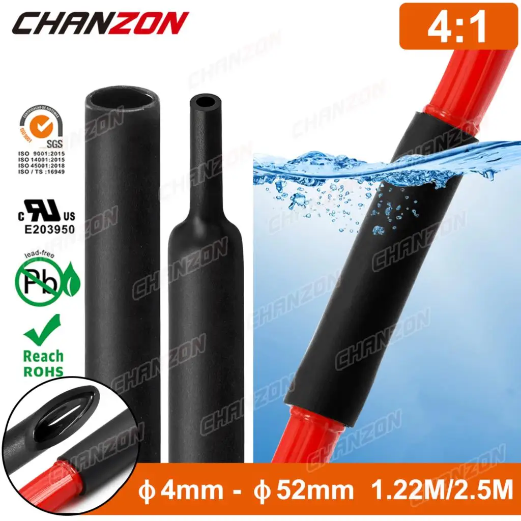4:1 4mm-52mm Heat Shrink Tubing Dual Wall Adhensive Lined Wire Tube Hose Waterproof Cable Sleeves 1.22M / 2.5M
