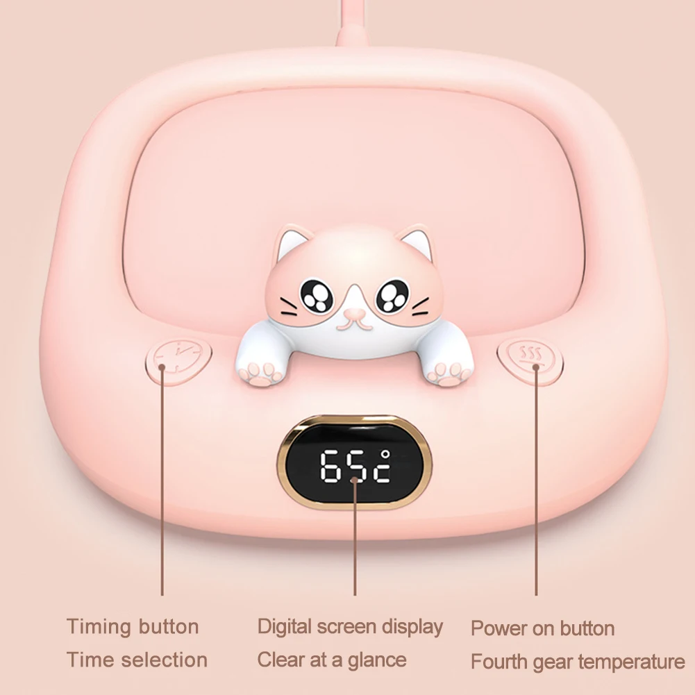 65 Degree Cartoon Cat Heating Coaster 8H Auto Shut Off 220V Coffee Warmer Plate Cup Heating Pad for for Office and Home Desk Use