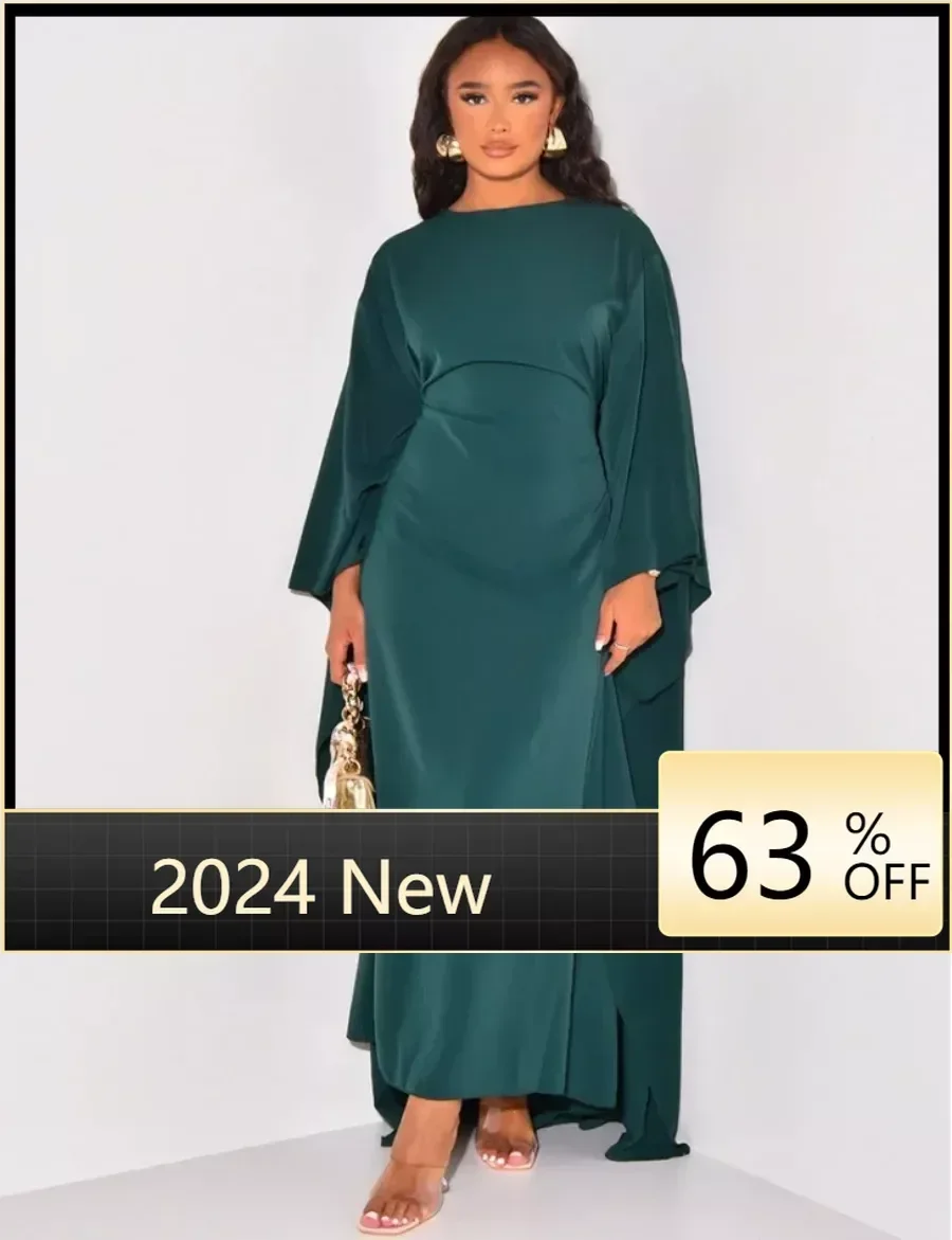 

Autumn Fashion Satin Party Dress Robe Abaya Muslim Women Elegant Solid Round Neck Bat Sleeves Loose Maxi Dress Women